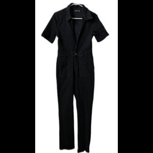 Nasty Gal Black Deep Plunging V Neck Denim Boilersuit Jumpsuit Edgy Grunge Sz 8